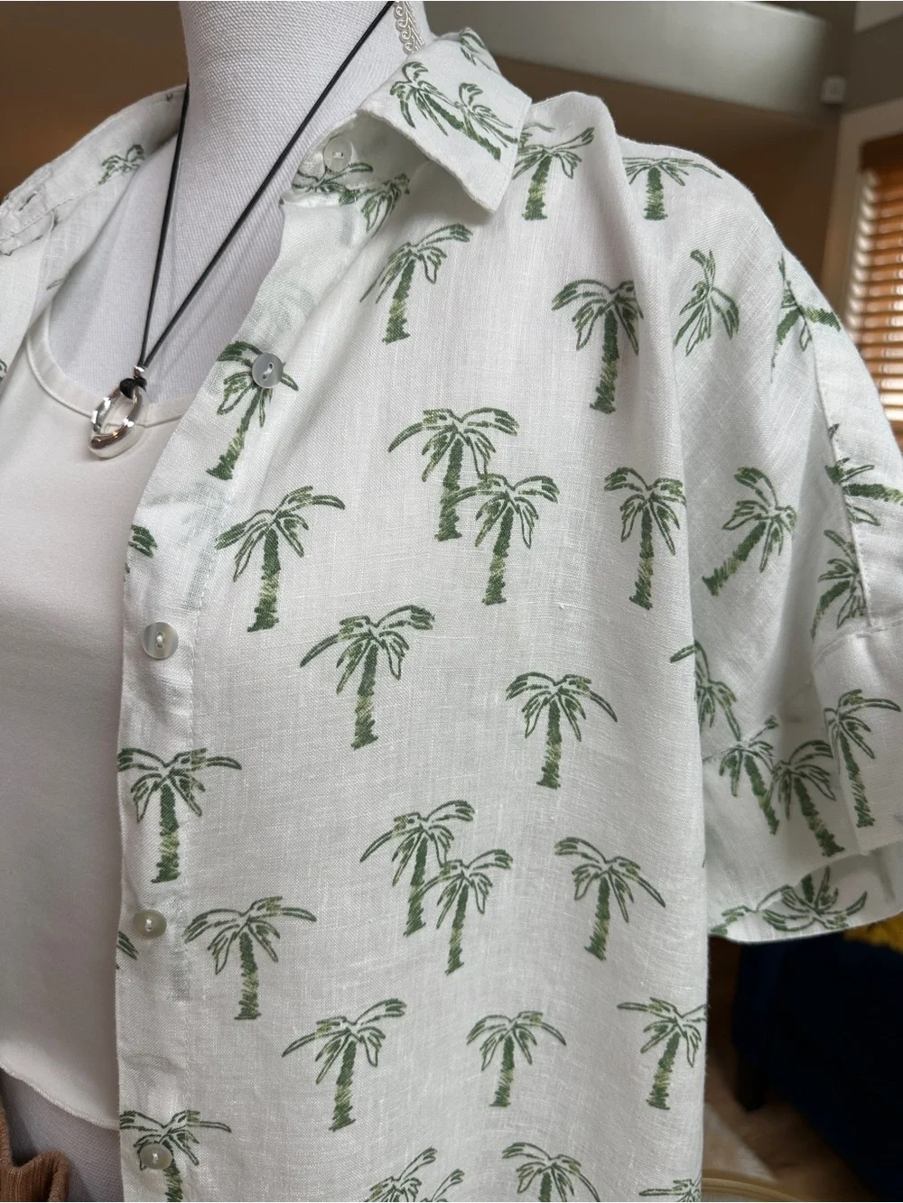 C&C California boxy short sleeve button down White Shirt with Green Palm Print